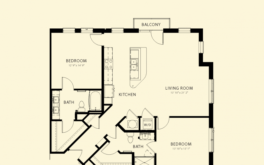 Floor plan for 2 beds, 2 baths, 1286 sqft